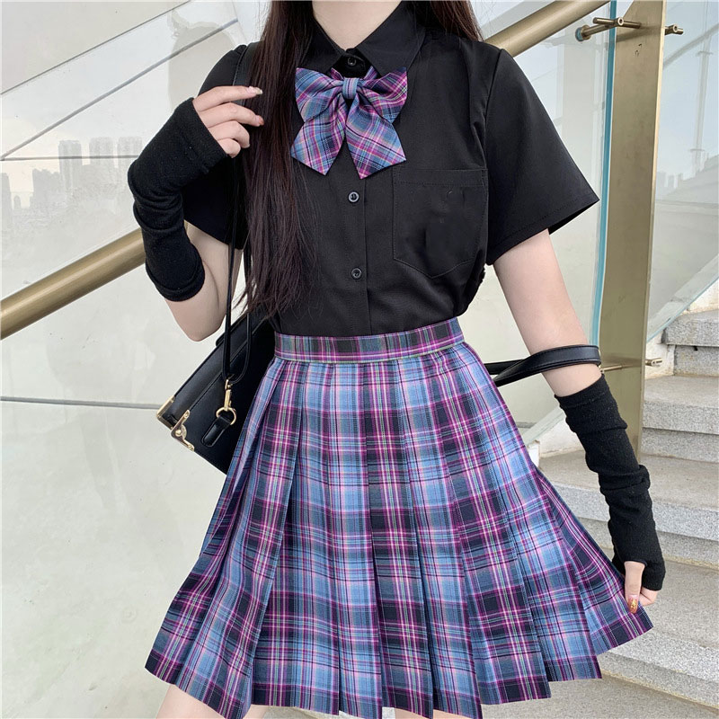 검은 셔츠 유니폼 학교 격자 무늬 치마 주름 치마 한국 제복 일본 소녀 a 라인 스커트 귀여운 JK 코스프레 Seifuku 학생
